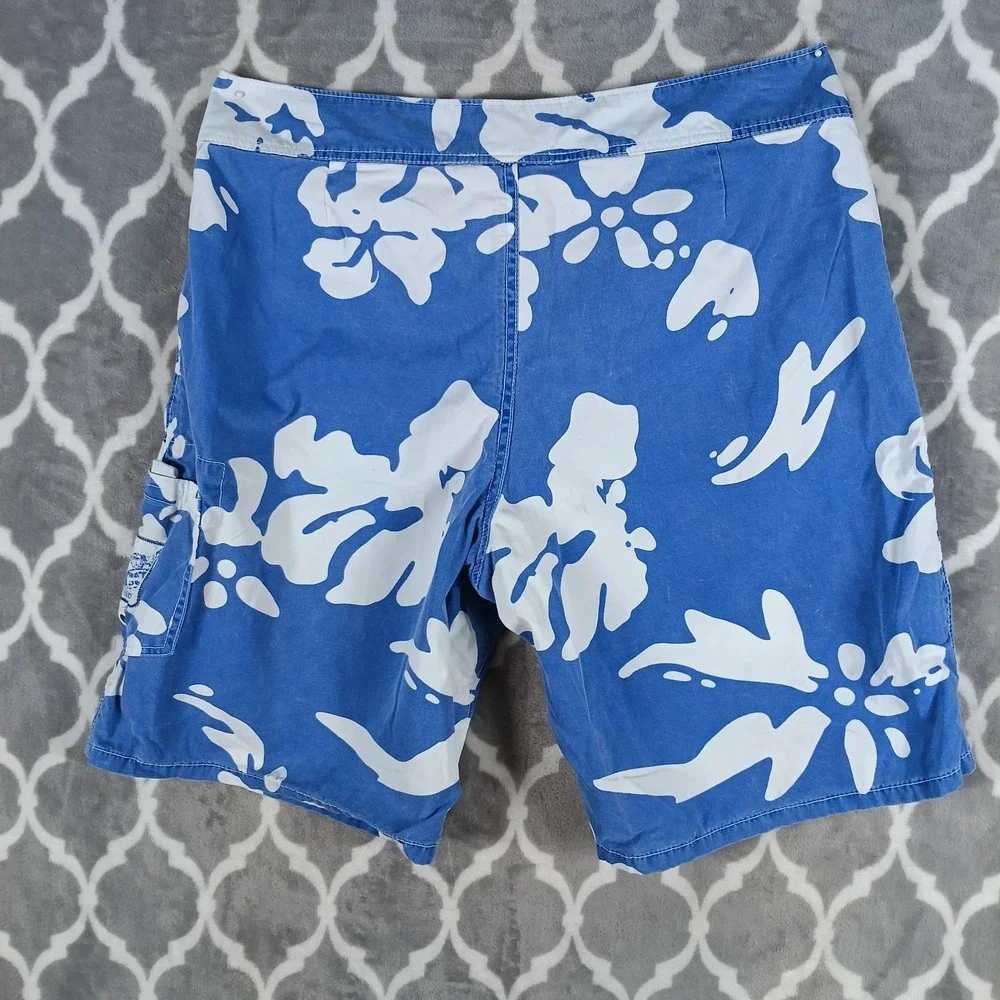 Counter Culture Board Shorts Men Size 36 Blue White Hibiscus Hawaiian Cotton